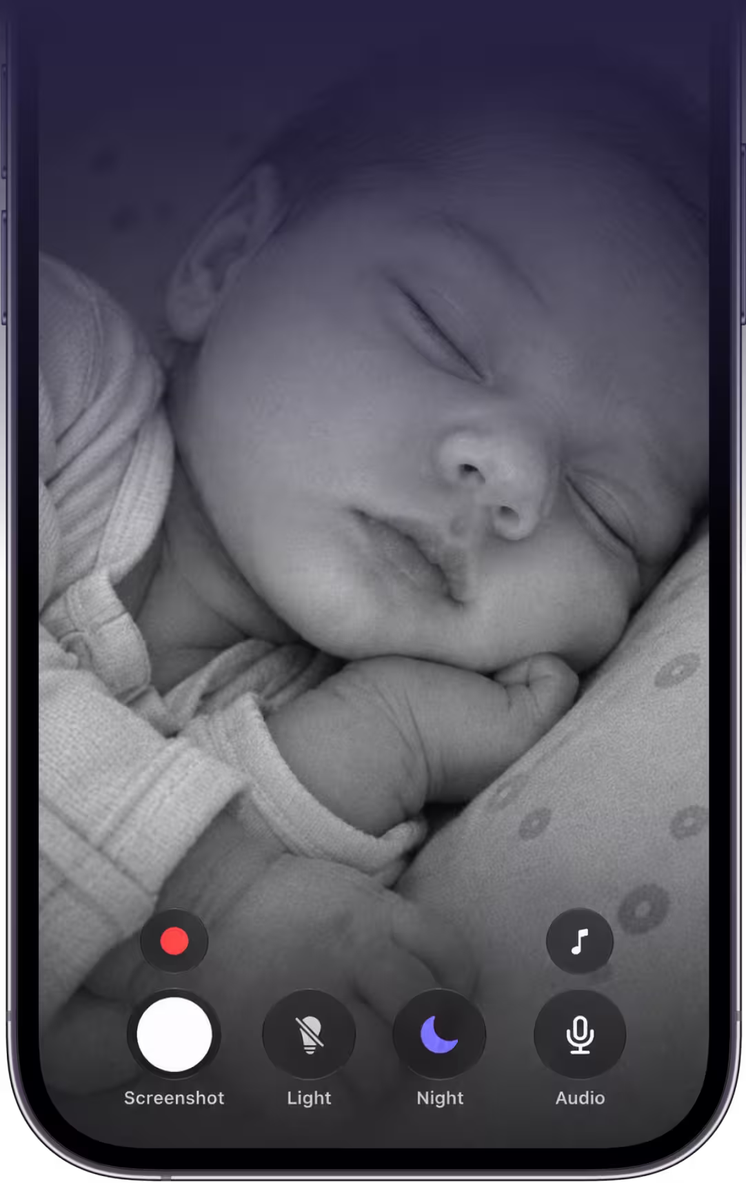 Night vision view of a sleeping baby